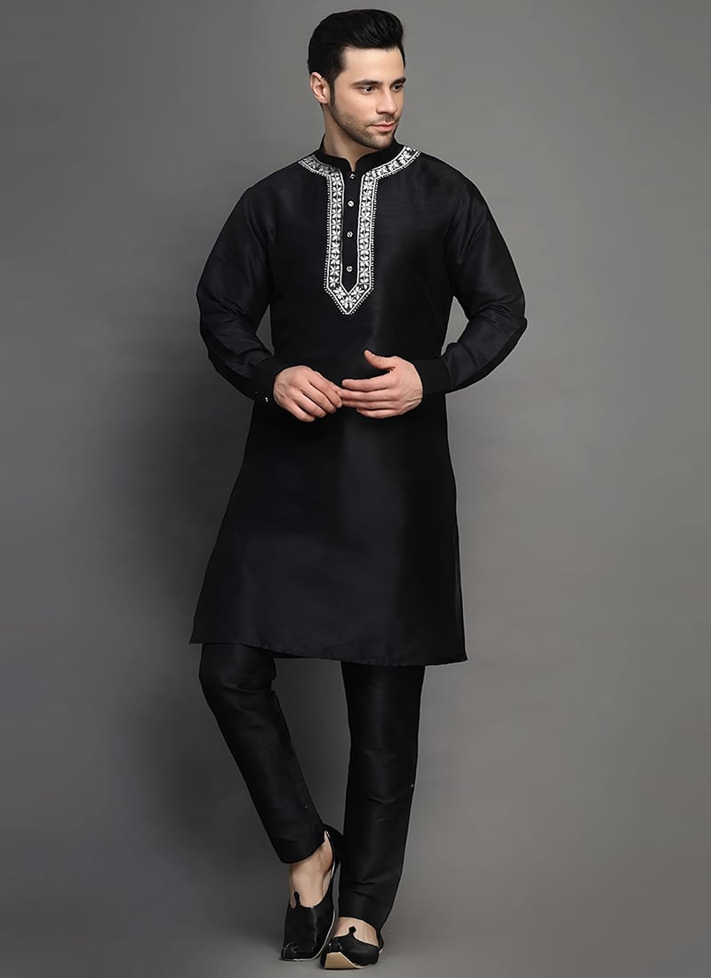 Black Dupion Embroidered Kurta Pyjama Festive Wear