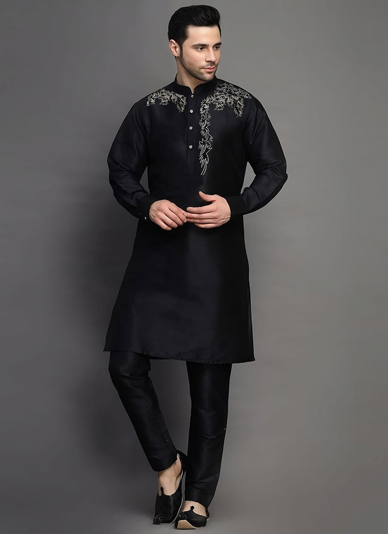 Black Dupion Embroidered Kurta Pyjama Festive Wear