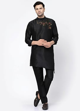 Black Dupion Embroidered Kurta Pyjama