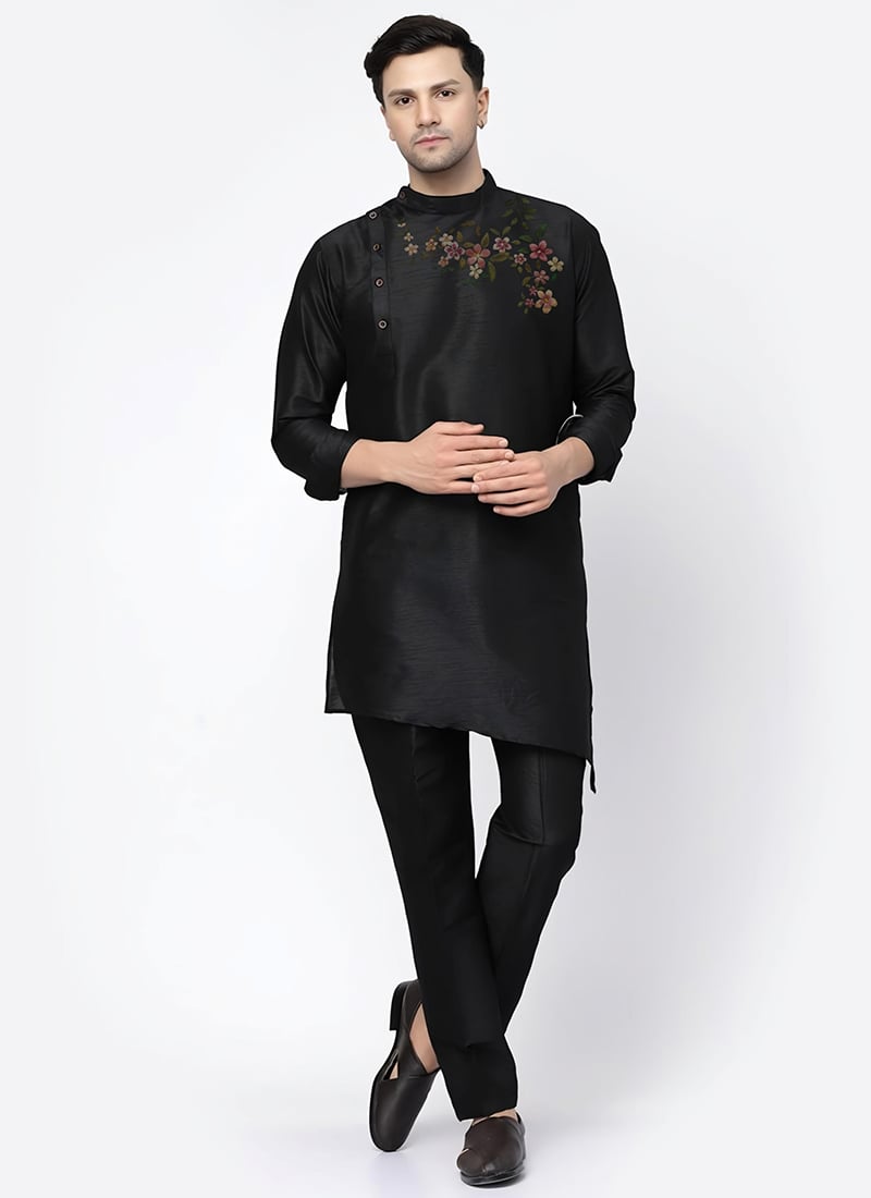 Black Dupion Embroidered Kurta Pyjama Festive Wear