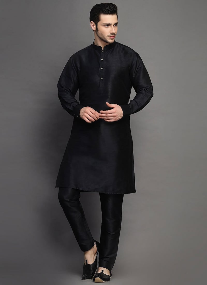 Black Dupion Kurta Pyjama Festive Wear