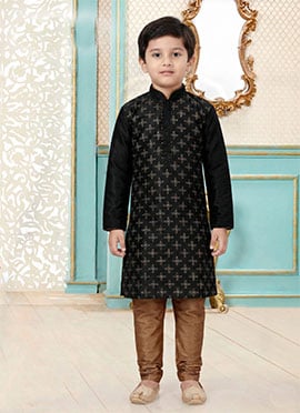 Black Dupion Silk Embroidered Kids Boys Kurta Pyjama