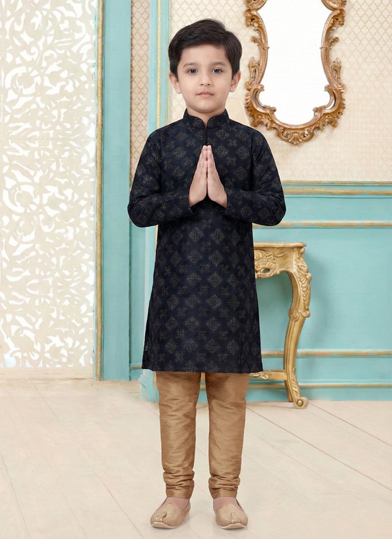 Black Dupion Silk Embroidered Kids Boys Kurta Pyjama Festive Wear