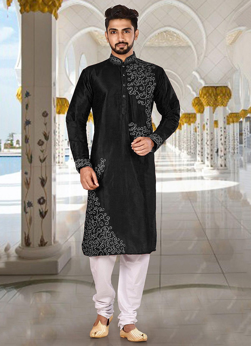 Black Dupion Silk Embroidered Kurta Pyjama  Party Wear