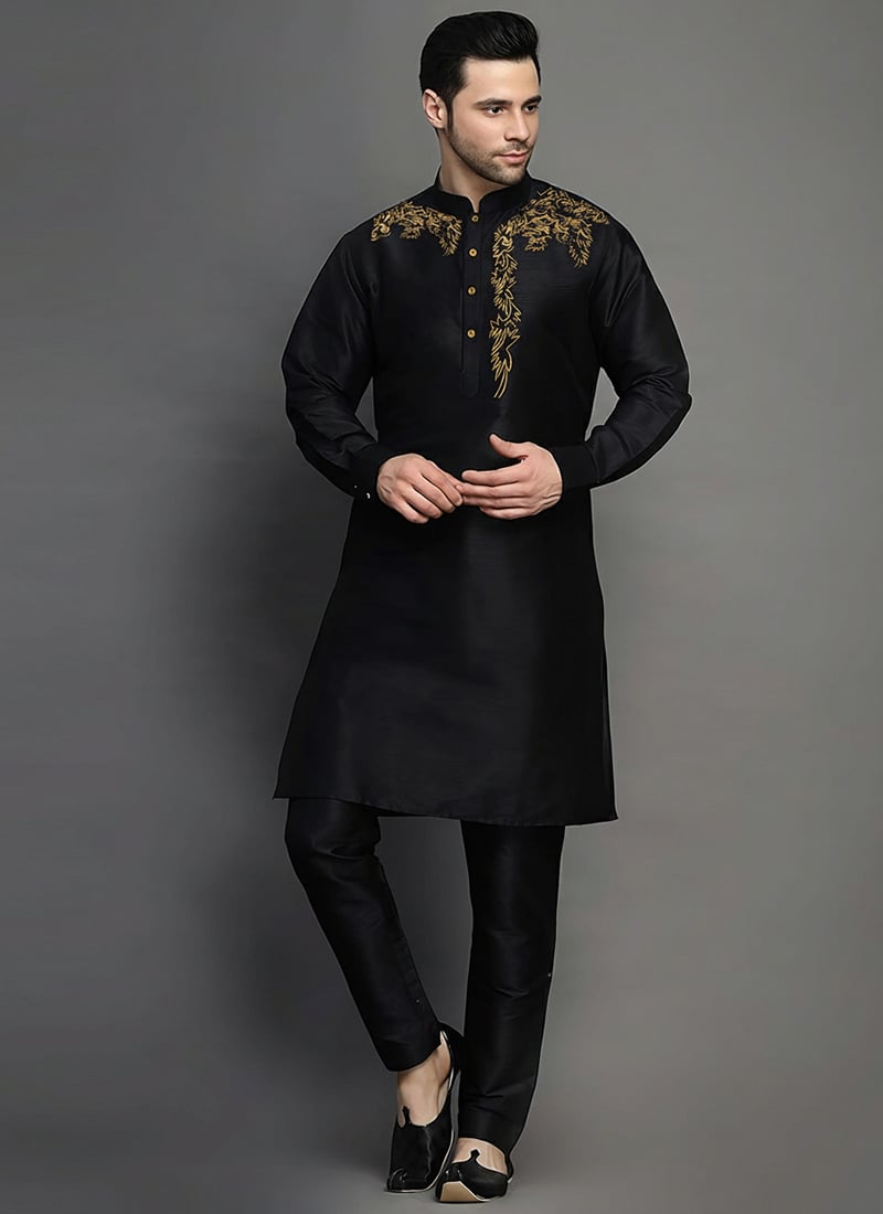 Black Dupion Silk Embroidered Kurta Pyjama For Men Festive Wear
