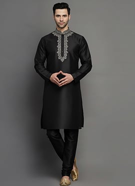 Black Dupion Silk Embroidered Kurta Pyjama For Men