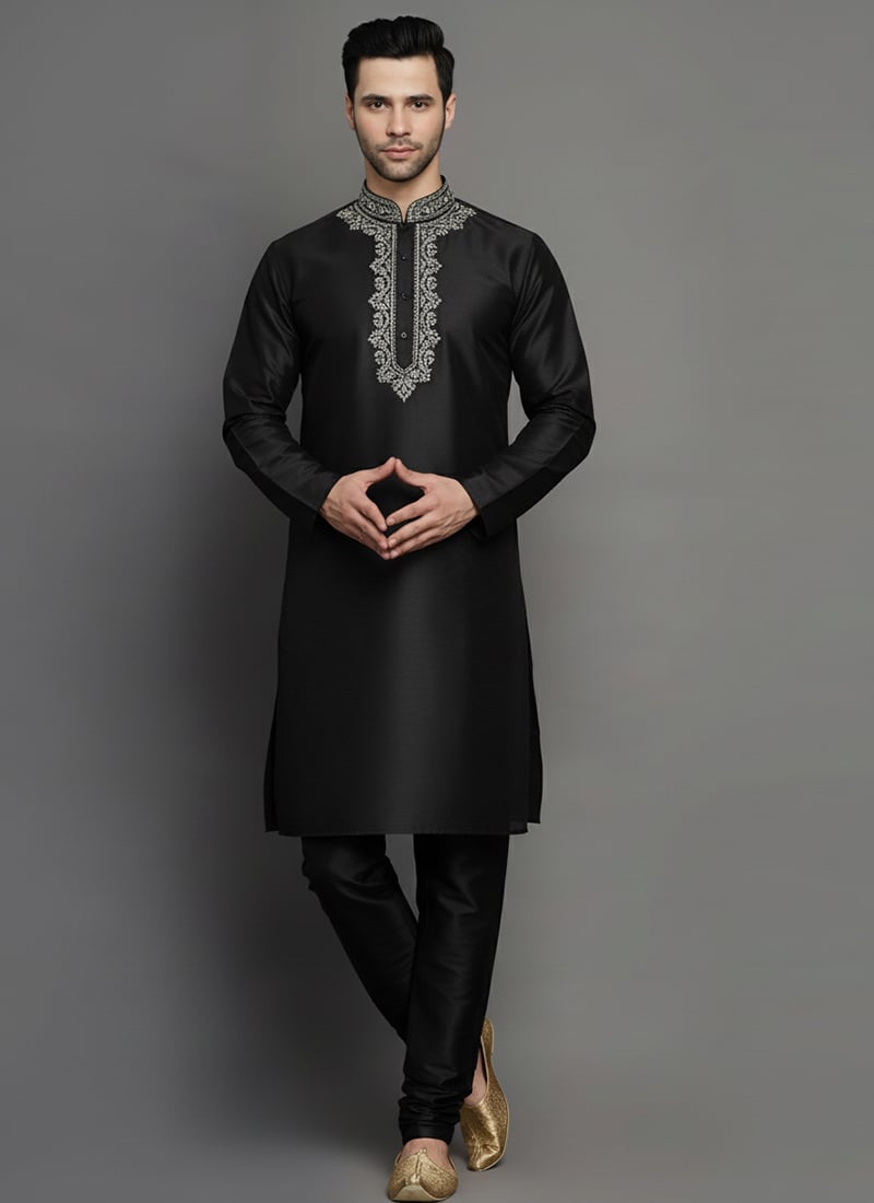 Black Dupion Silk Embroidered Kurta Pyjama For Men Festive Wear