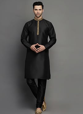 Black Dupion Silk Embroidered Kurta Pyjama For Men
