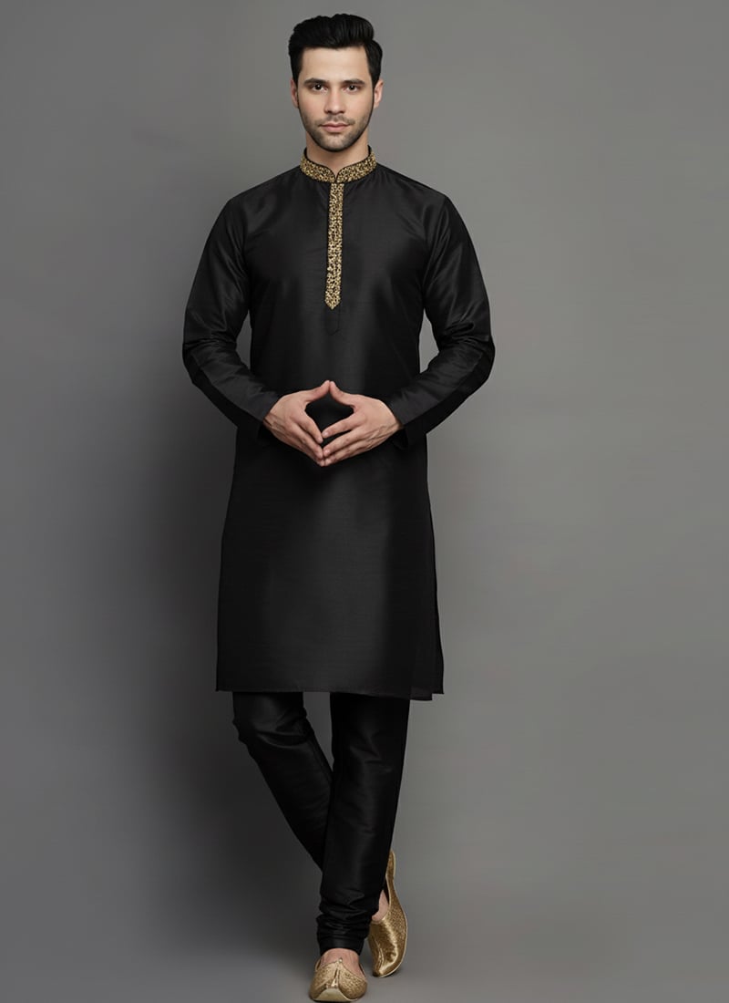 Black Dupion Silk Embroidered Kurta Pyjama For Men Festive Wear