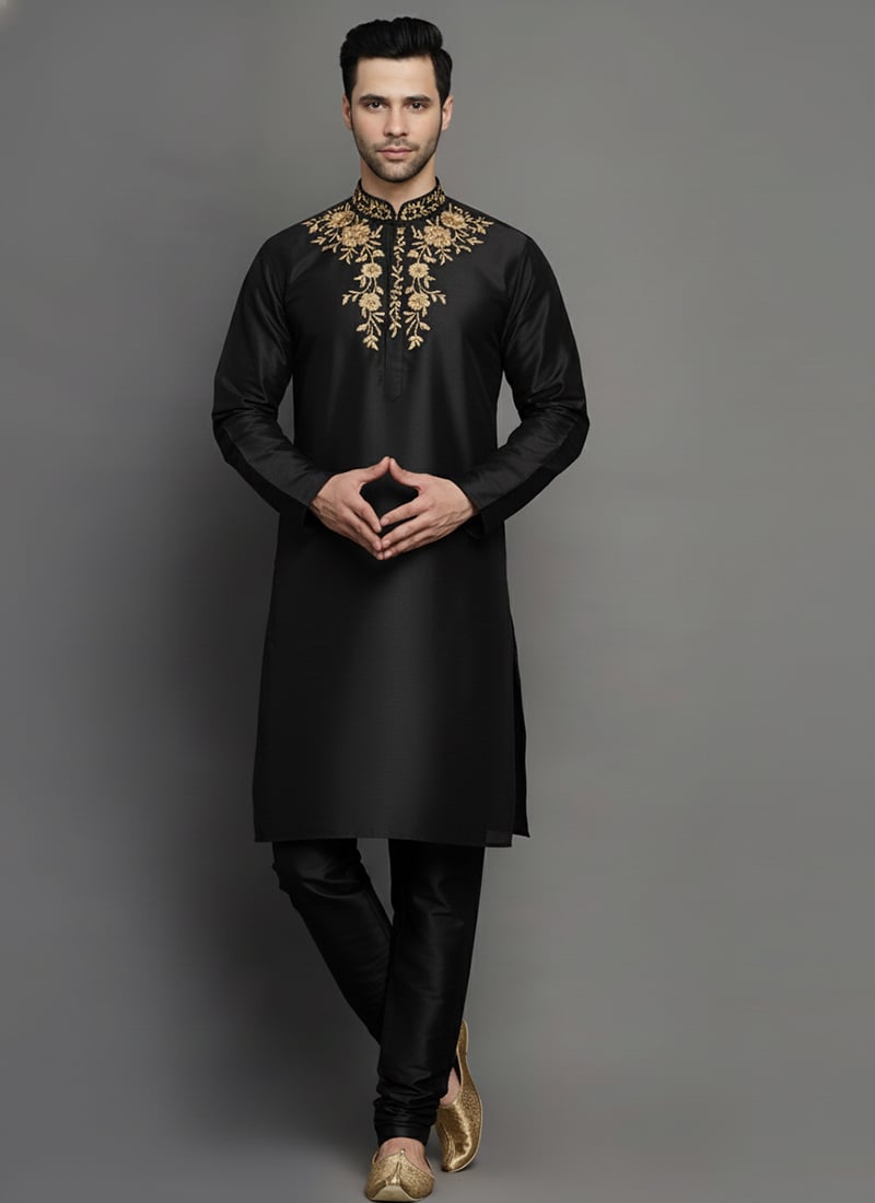 Black Dupion Silk Embroidered Kurta Pyjama For Men Festive Wear