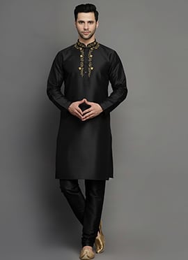 Black Dupion Silk Embroidered Kurta Pyjama For Men