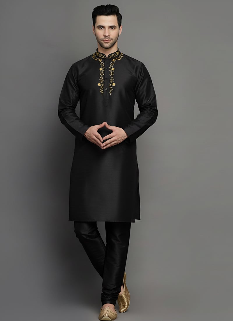 Black Dupion Silk Embroidered Kurta Pyjama For Men Festive Wear