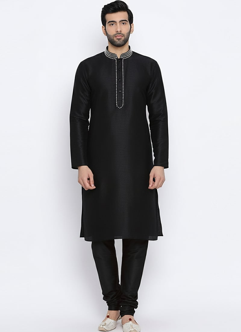 Black Dupion Silk Embroidered Kurta Pyjama For Men  Festive Wear