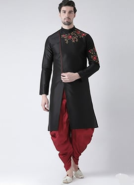 Black Dupion Silk Embroidered Kurta Pyjama For Men