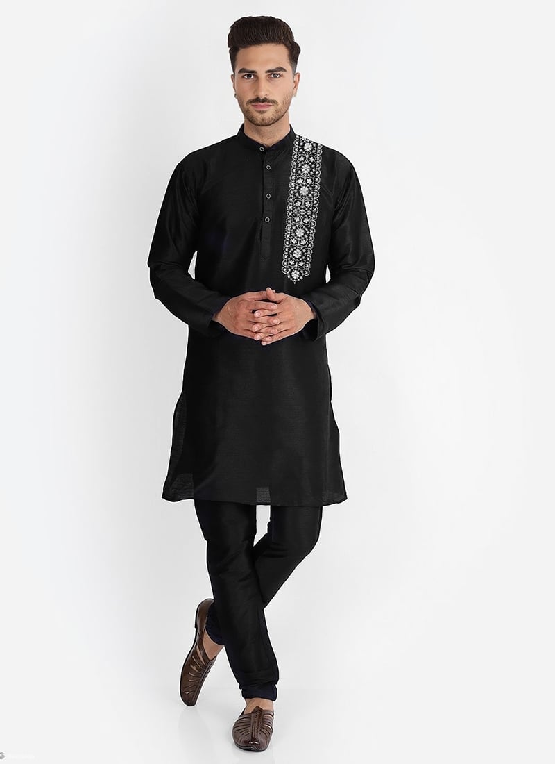 Black Dupion Silk Embroidered Kurta Pyjama Festive Wear