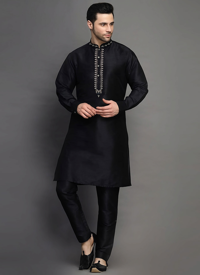 Black Dupion Silk Embroidered Kurta Pyjama Festive Wear