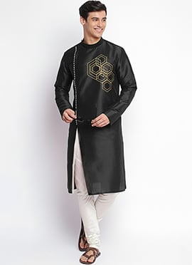 Black Dupion Silk Embroidered Kurta Pyjama