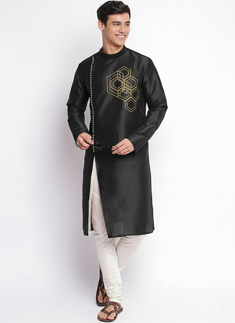 Black Dupion Silk Embroidered Kurta Pyjama Festive Wear