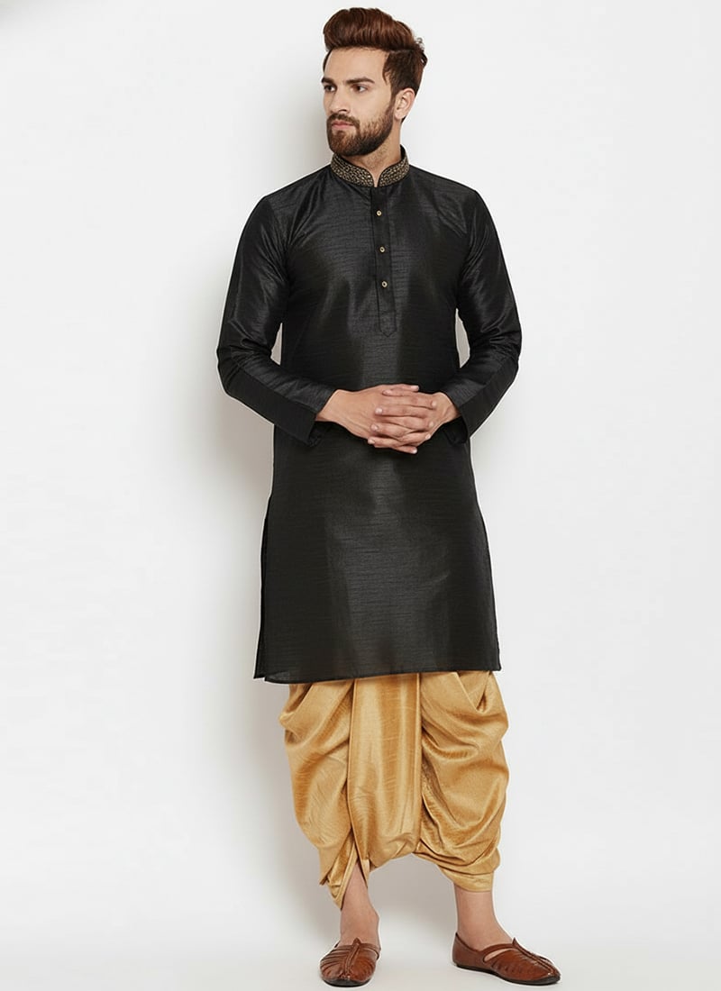 Black Dupion Silk Embroidered Kurta Pyjama Festive Wear