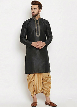 Black Dupion Silk Embroidered Kurta Pyjama