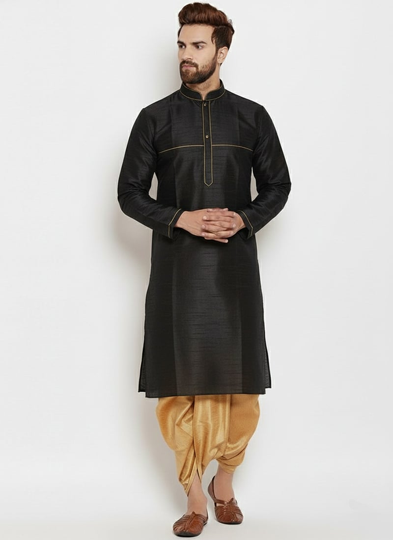 Black Dupion Silk Embroidered Kurta Pyjama Festive Wear