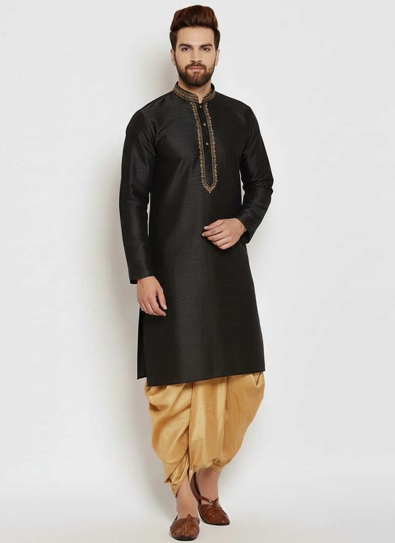 Black Dupion Silk Embroidered Kurta Pyjama Festive Wear