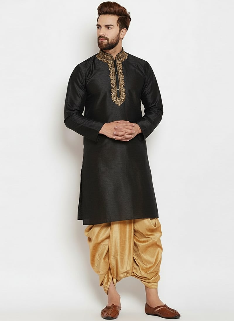 Black Dupion Silk Embroidered Kurta Pyjama