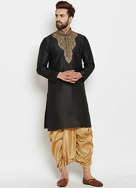 Black Dupion Silk Embroidered Kurta Pyjama