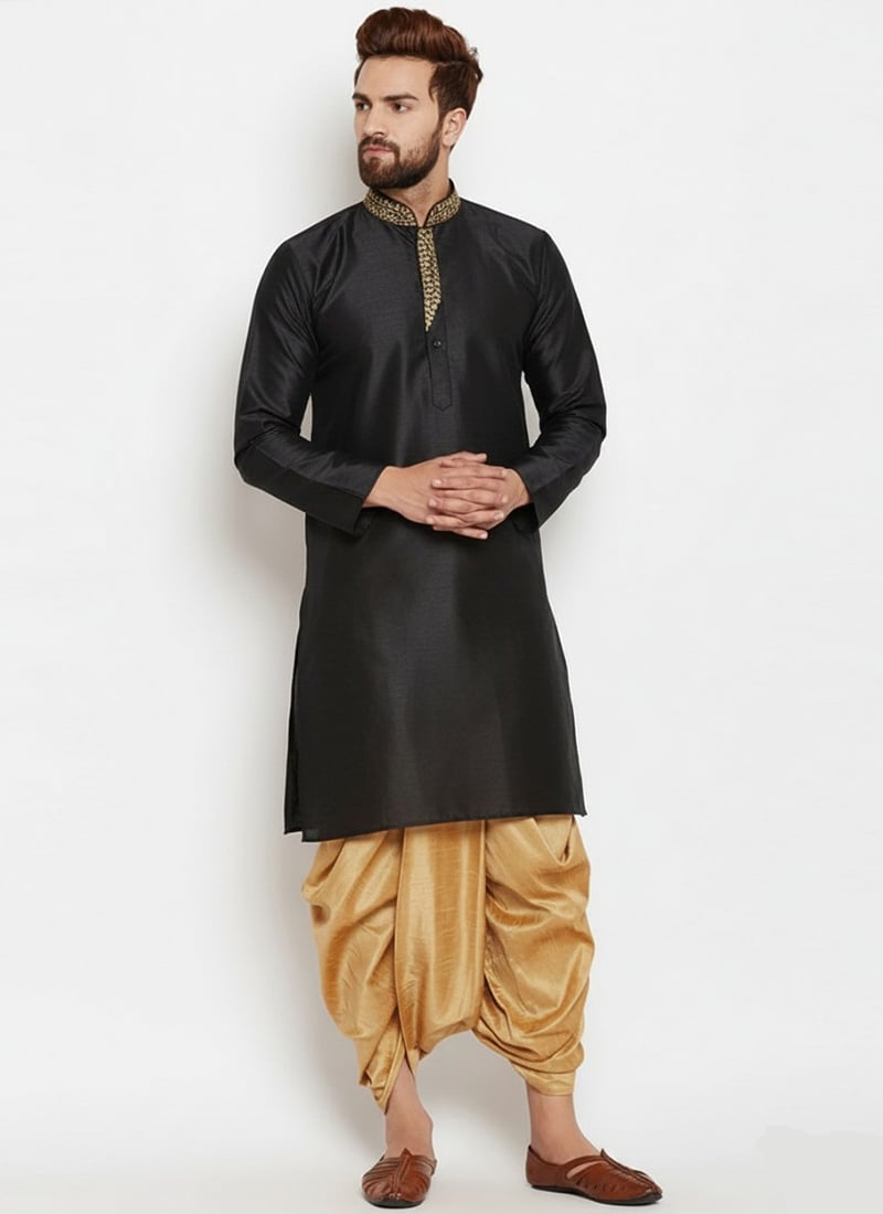 Black Dupion Silk Embroidered Kurta Pyjama Festive Wear