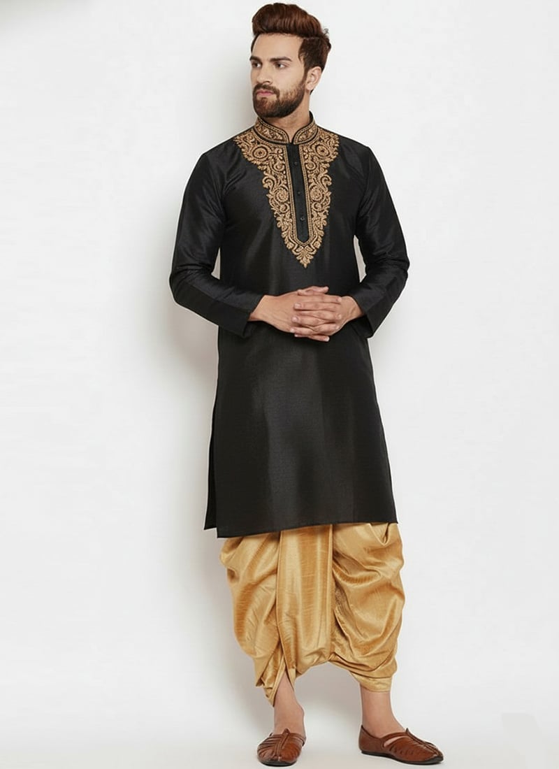 Black Dupion Silk Embroidered Kurta Pyjama Festive Wear