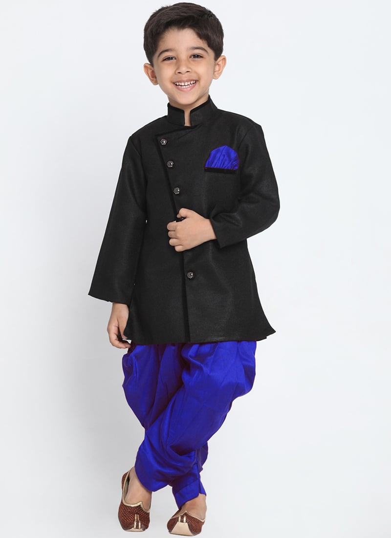 Black Dupion Silk Indowestern Sherwani Wedding Wear