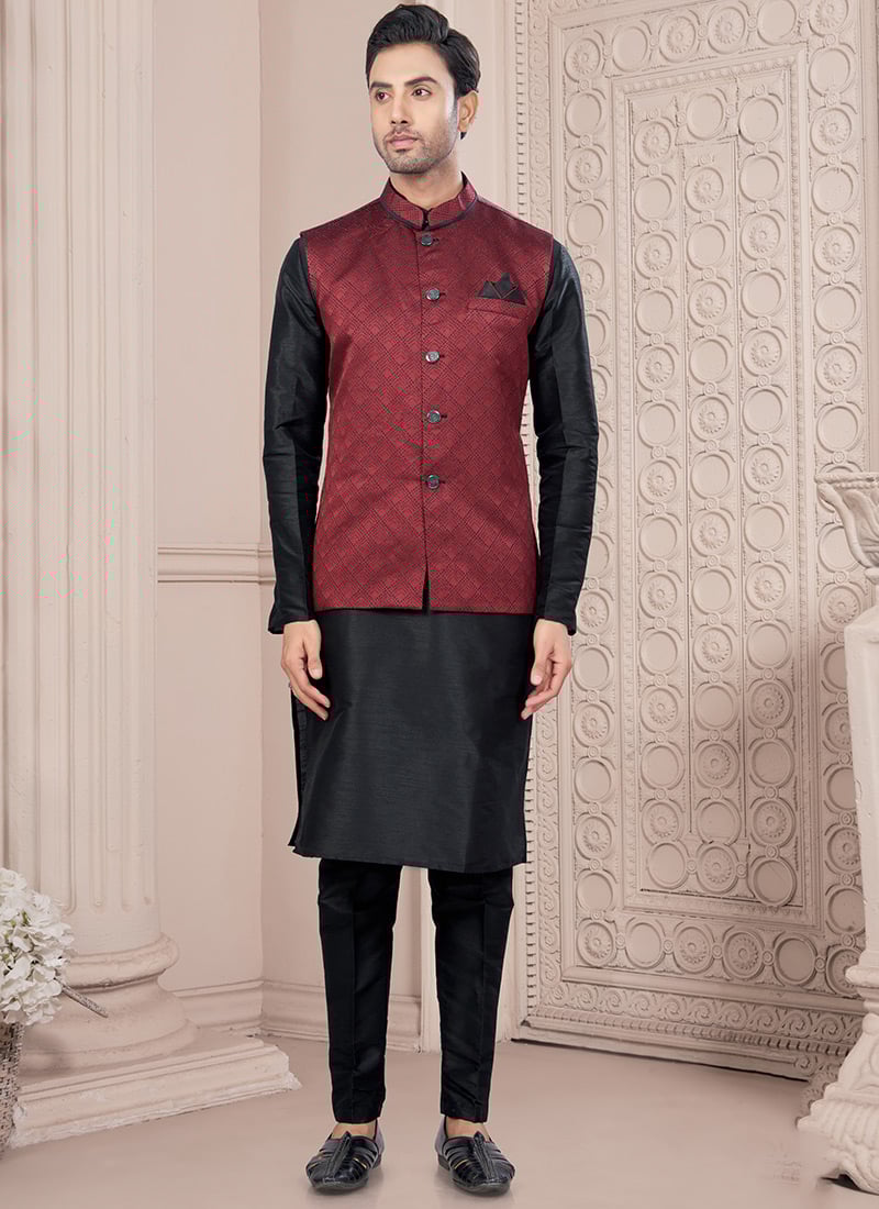 Black Dupion Silk Jacquard Banarasi Bandi Set Festive Wear