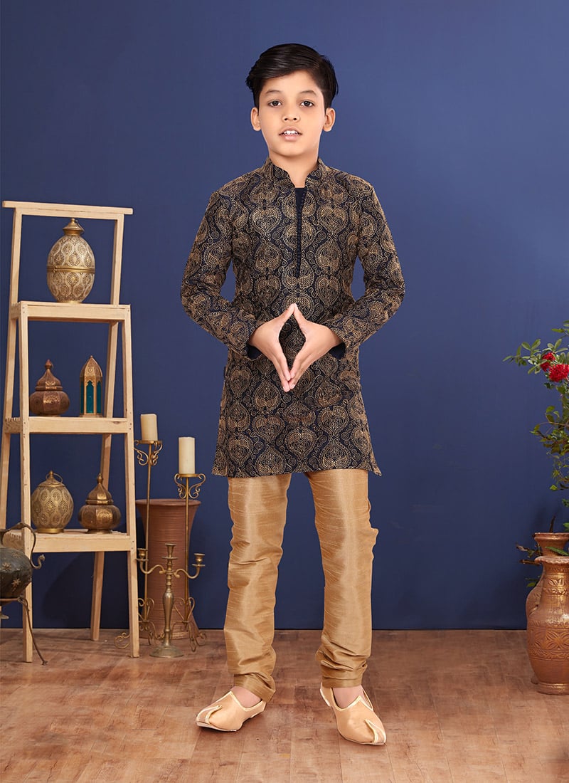 Black Dupion Silk Jacquard Boys Kurta Pyjama