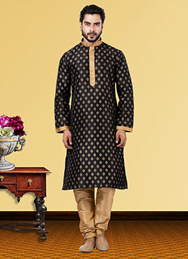 Black Dupion Silk Jacquard Kurta Pyjama