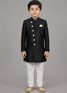 Black Dupion Silk Kids Boys Indowestern Sherwani