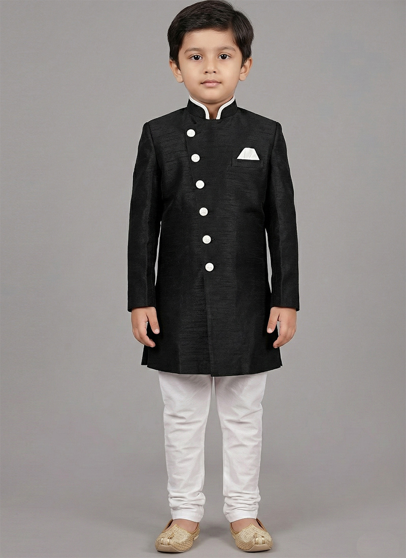 Black Dupion Silk Kids Boys Indowestern Sherwani Festive Wear