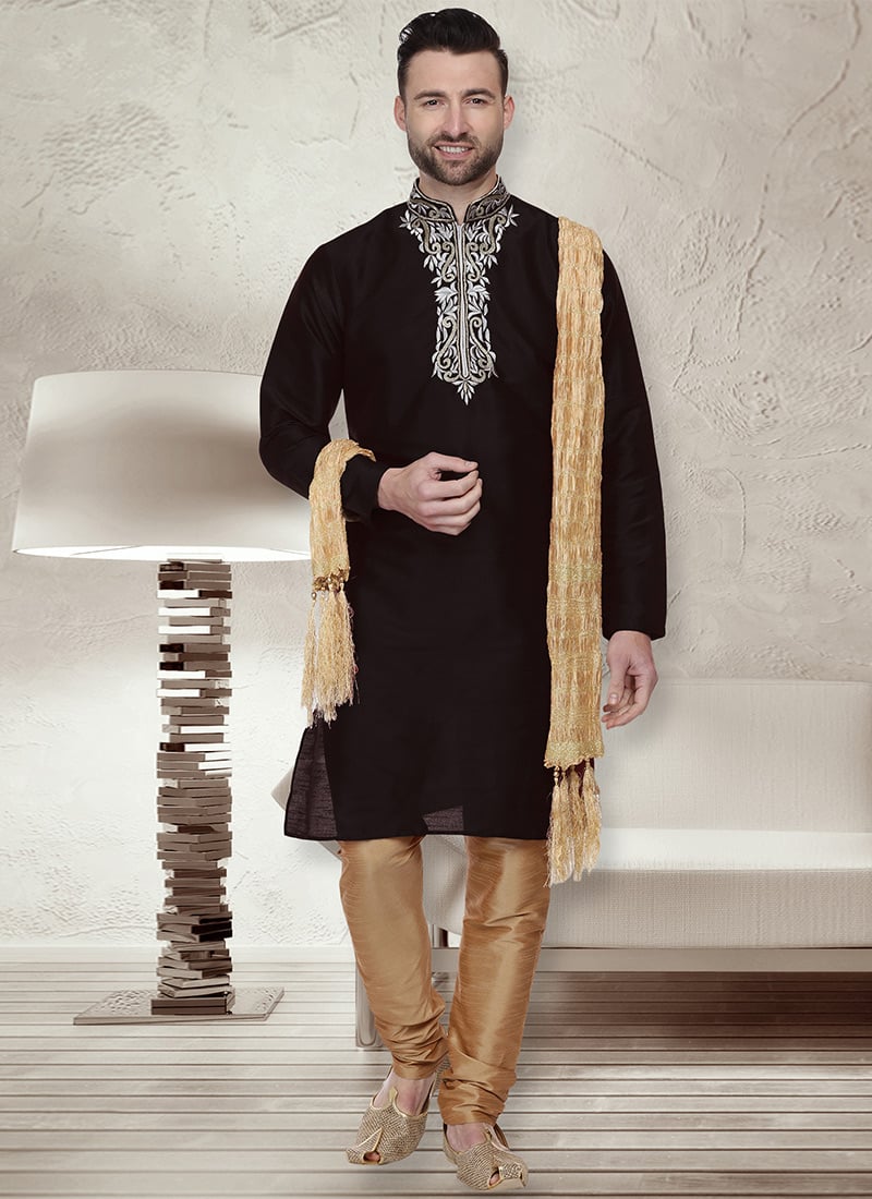 Black Dupion Silk Kurta Pyjama Party Wear