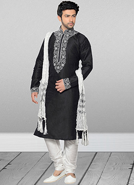 Black Dupion Silk Kurta Pyjama