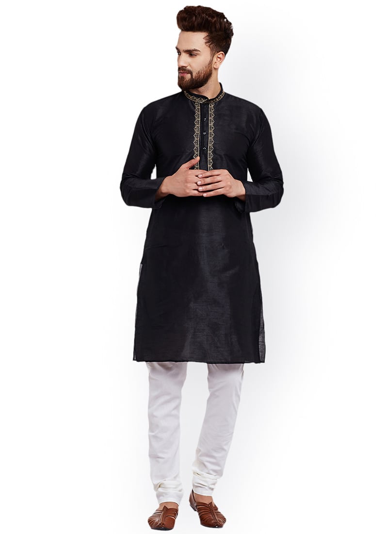 Black Dupion Silk Kurta Pyjama
