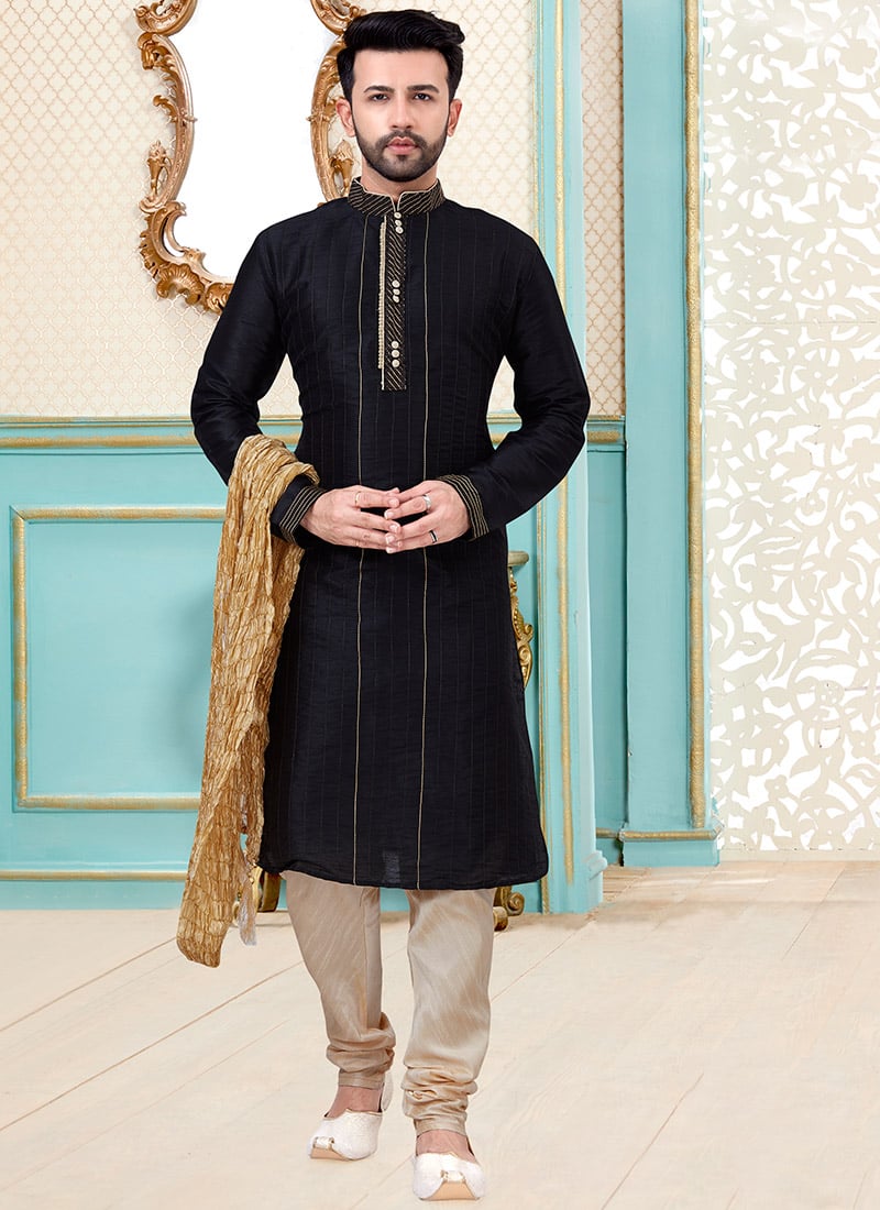 Black Dupion Silk Kurta Pyjama