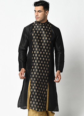 Black Dupion Silk Printed Kurta