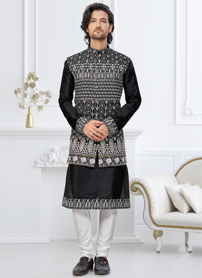 Black Dupion Silk Thread Embroidered Sequins And Zari Bandi Set