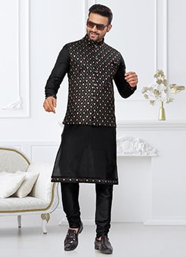 Black Dupion Silk Thread Embroidered Sequins And Zari Bandi Set