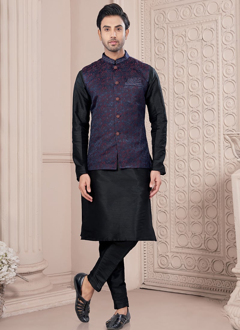 Black Dupion Silk Zari Work Jacquard Bandi Set