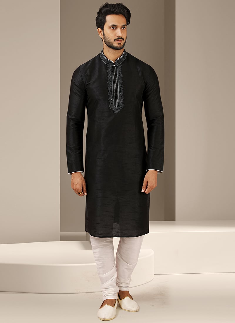 Black Embroidered Banarasi Art Silk Kurta Pyjama