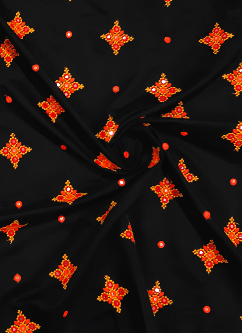 Black Embroidered Blended Cotton Fabric