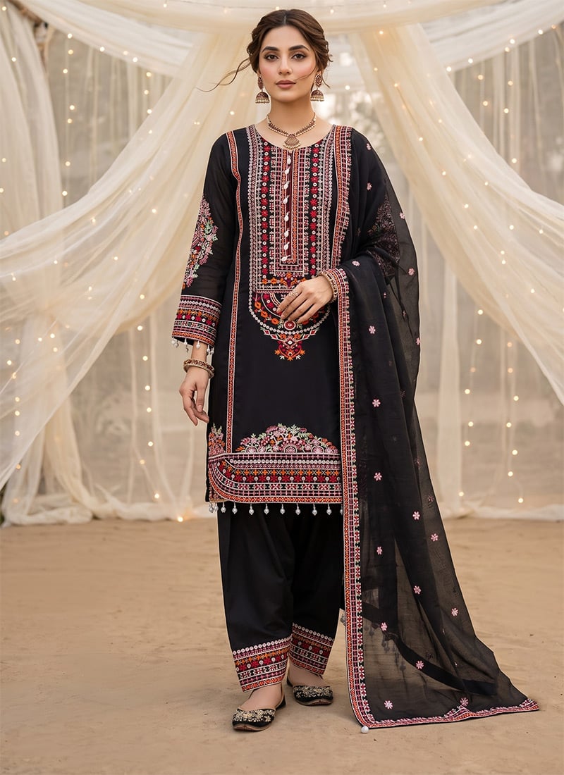 Black Embroidered Chanderi Salwar Suit Festive Wear