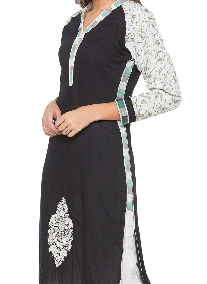 Buy Black Embroidered Cotton Kurti, Embroidered, knee length kurti