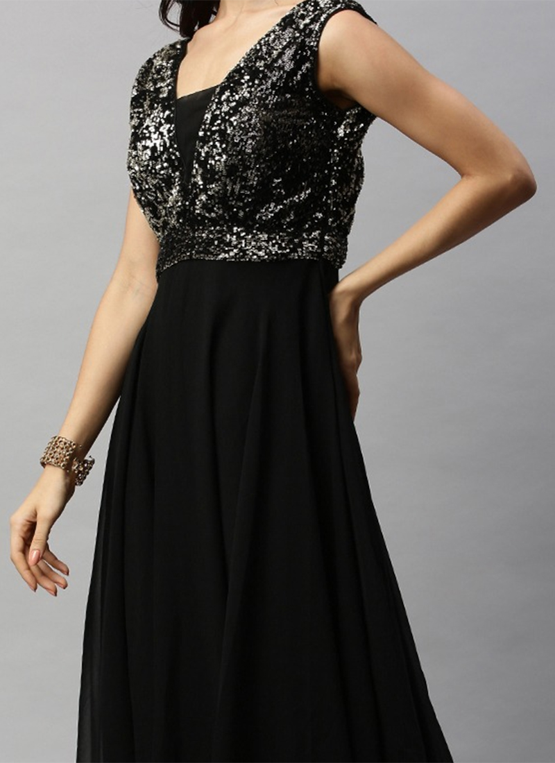 Shop Black Embroidered Floor Length Gown Party Wear Ready