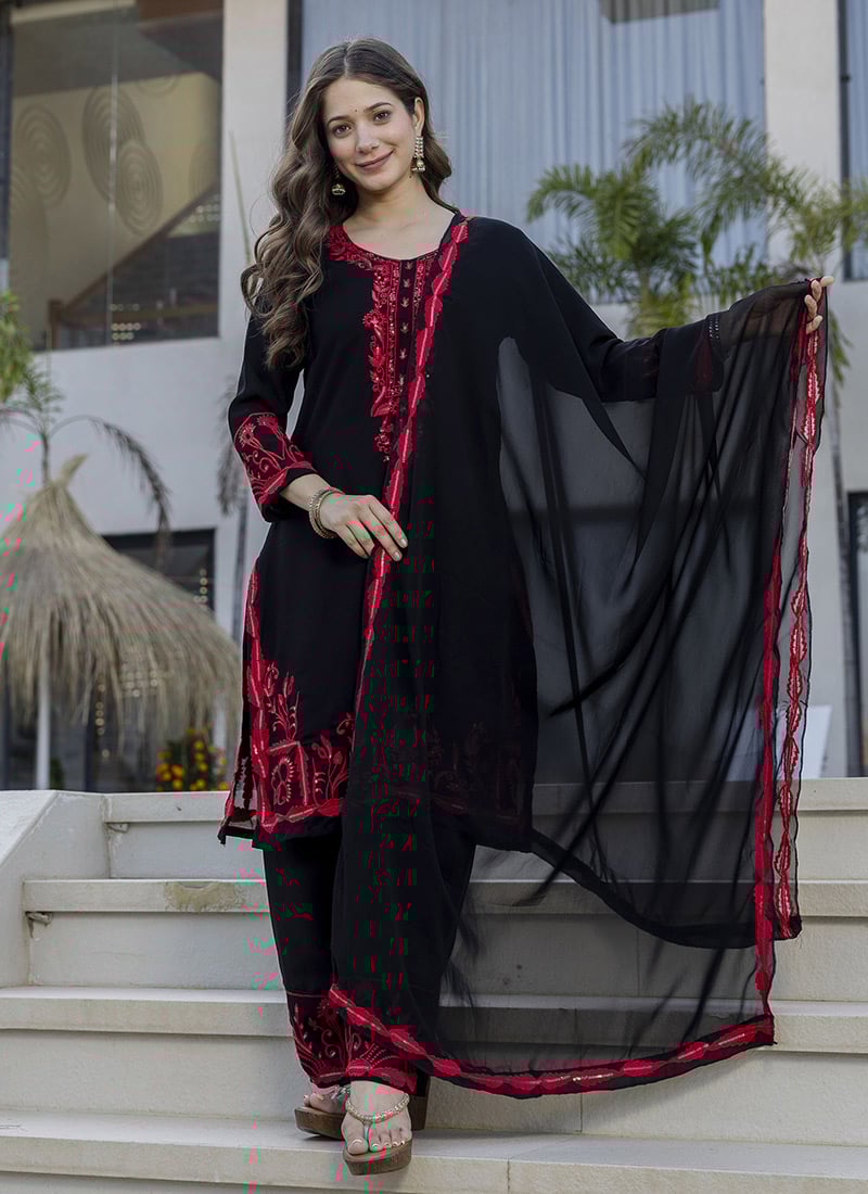 Black Embroidered Georgette Straight Pant Suit After Six Wear